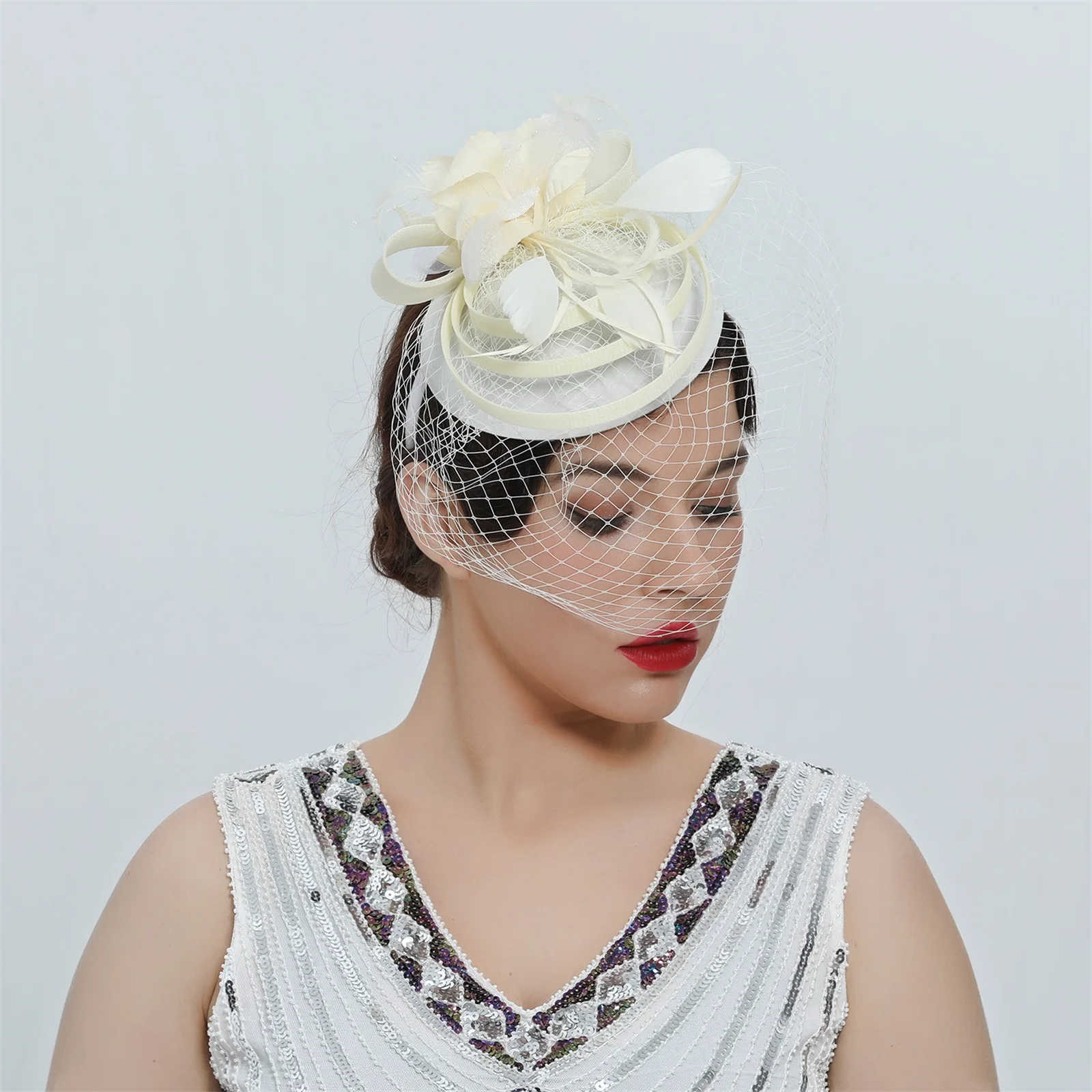 Naiste Fascinator Mütsid Vintage Õie Sulg Tee Poole Peapaelad Silma Kirik Pulm Kokteil Mütsid Pilt 0