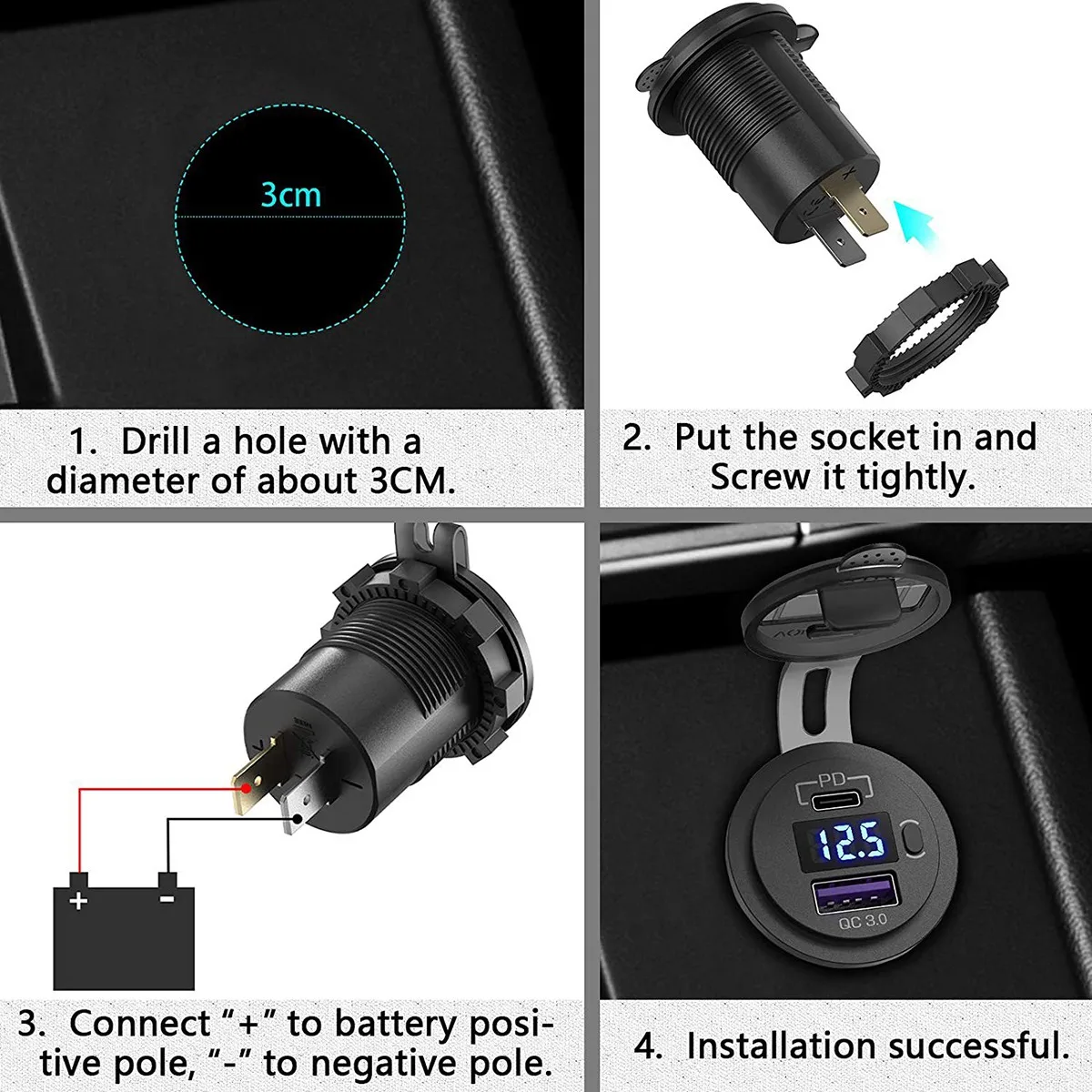 Auto Dual USB Laadija Kiire Laadimine QC 3.0 & PD USB Laadija Pistikupesa Adapter koos Lüliti, Voltmeeter Veoautodele RV Mootorratas Pilt 4