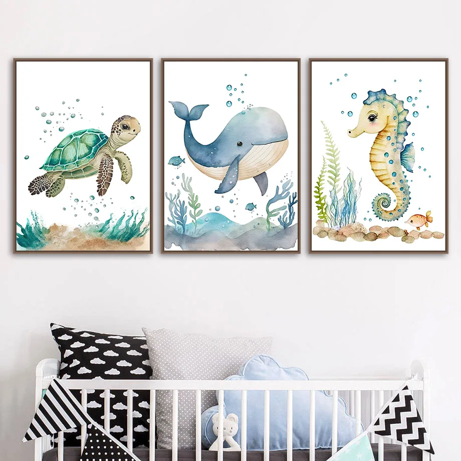 Armas Vaal Mere Hobune Kaheksajalg Krabi Kilpkonn Seina Art Plakatid Ja Pildid Põhjamaade Lasteaed Lõuendile Maali Pilt Baby Kids Room Decor Pilt 1