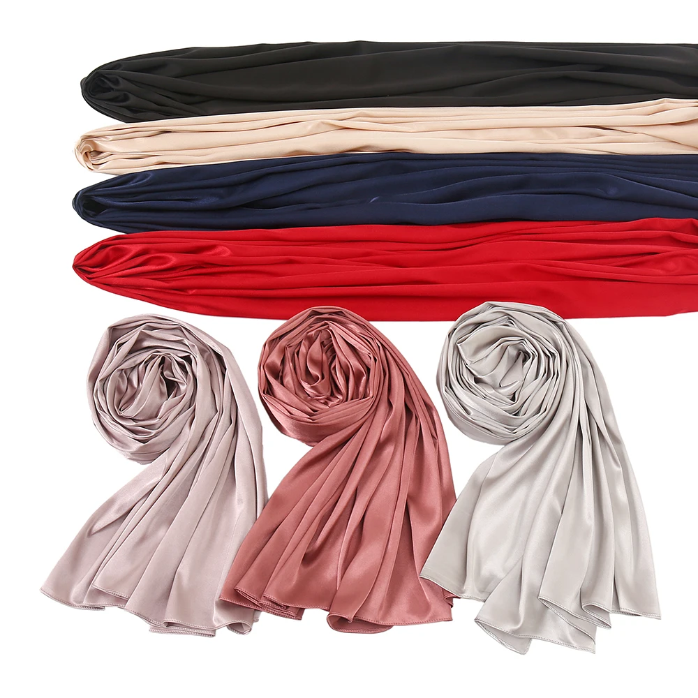 Luxe Plain Satiin Siidist Hijab Salli Naiste Suured Sall Suurrätikud Moslemi Headscarf Wrapid Turbans Tahke Peapaelad Sall Bufandas Pilt 1