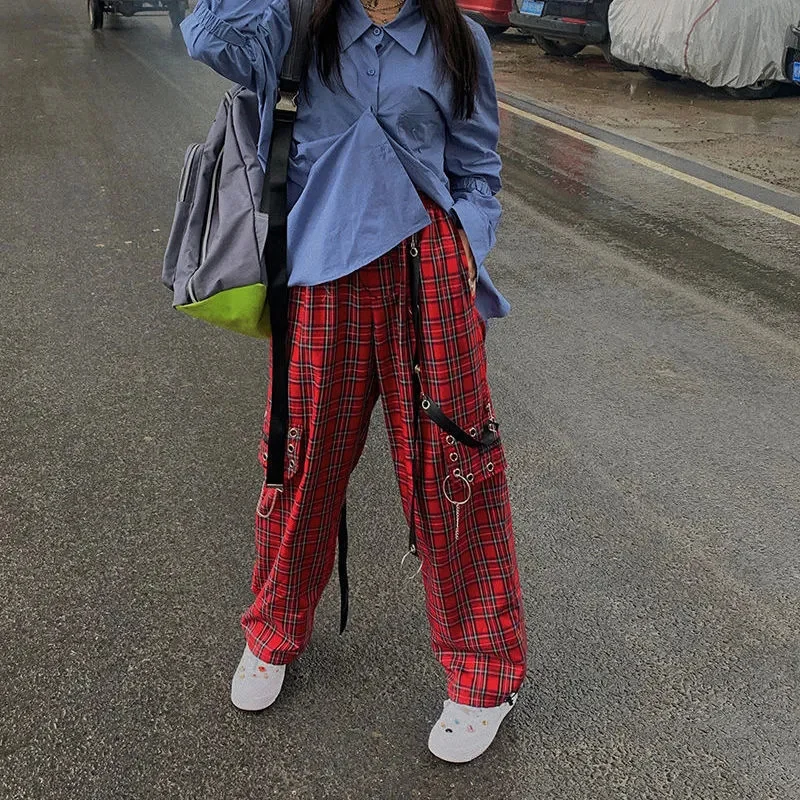 Punk Streetwear Naiste Cargo Püksid Gooti Punane Ruuduline Lahti Lai Jalg Püksid Harajuku Kõrge Vöökoht Naine Ketid Ruuduline Püksid Pilt 1